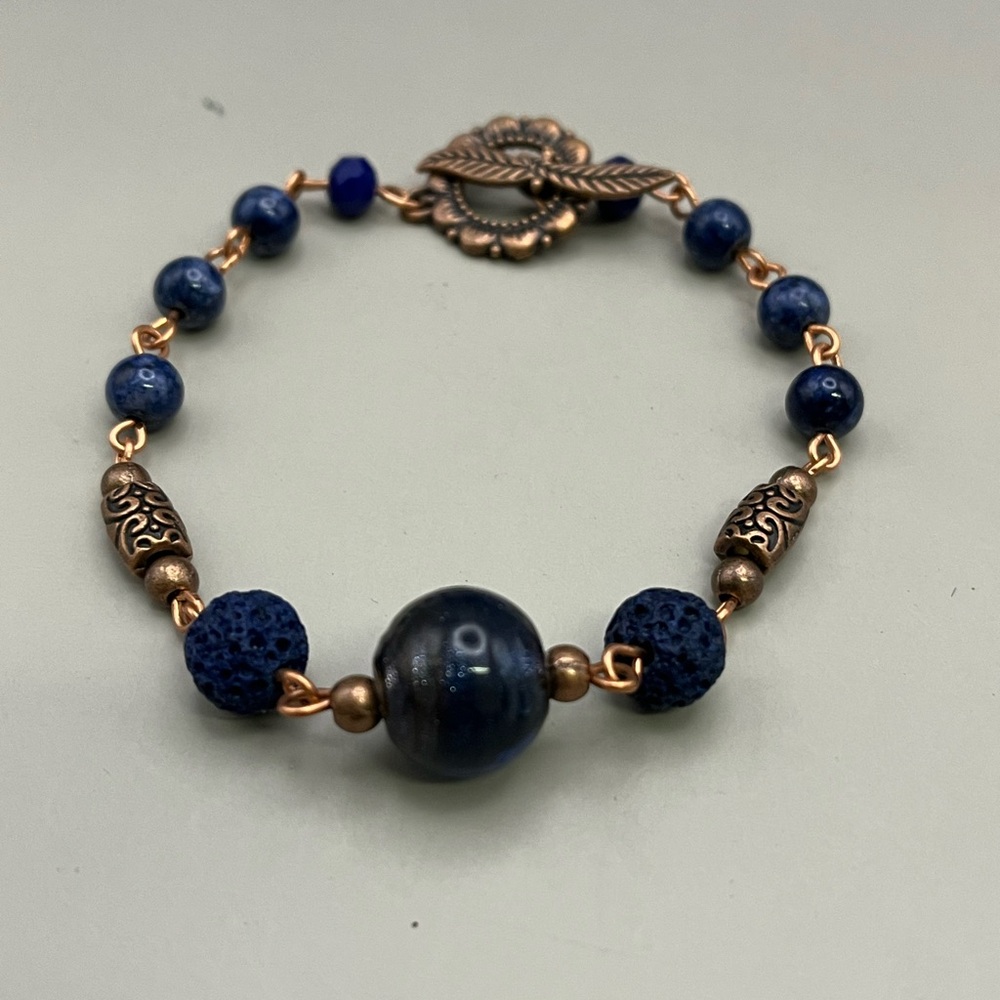 Blue and Copper Handmade Essential Oil Beaded Bracelet